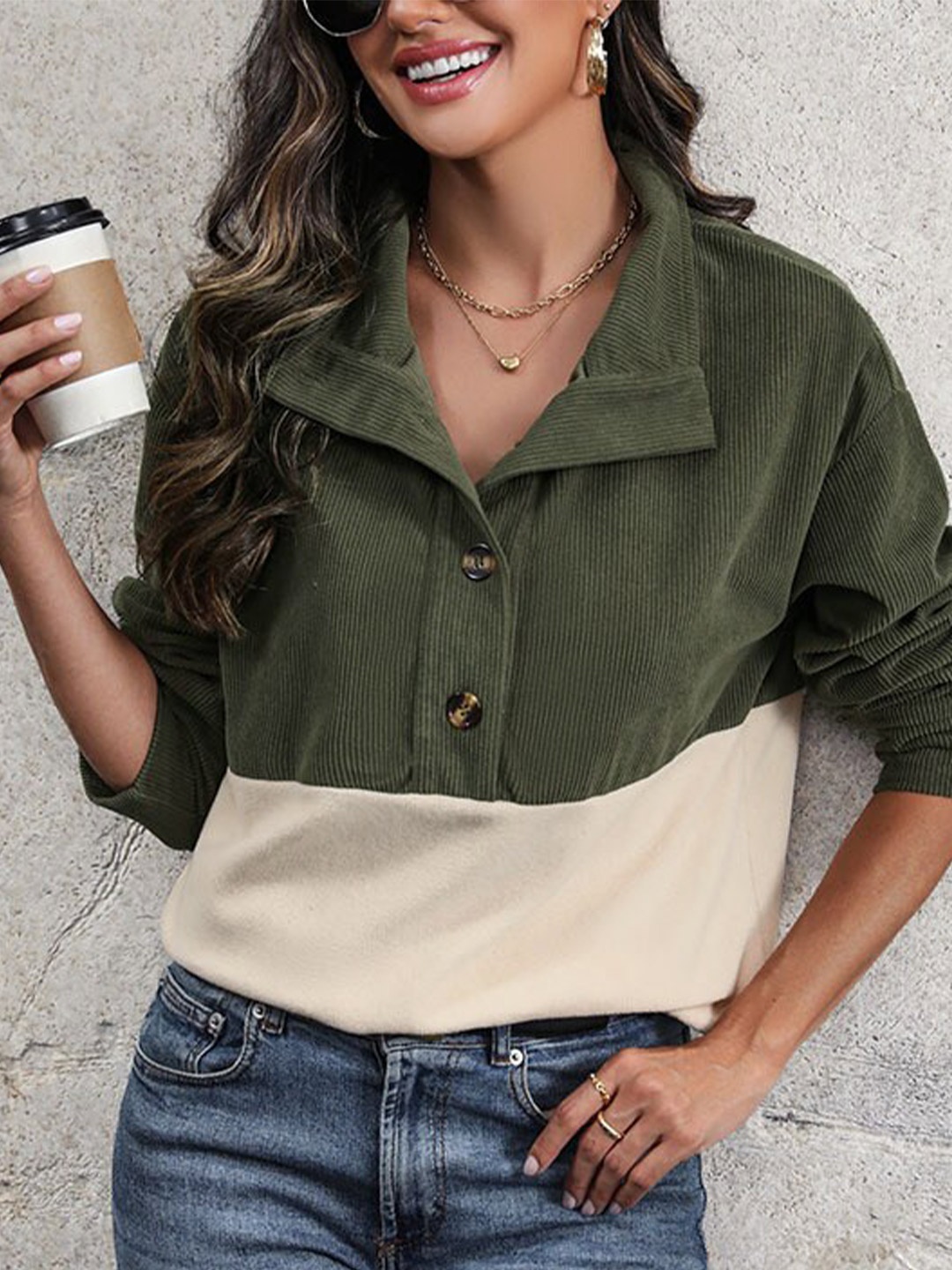 

StyleCast Green & Beige Colourblocked Mock Collar Jacquard Sweatshirt