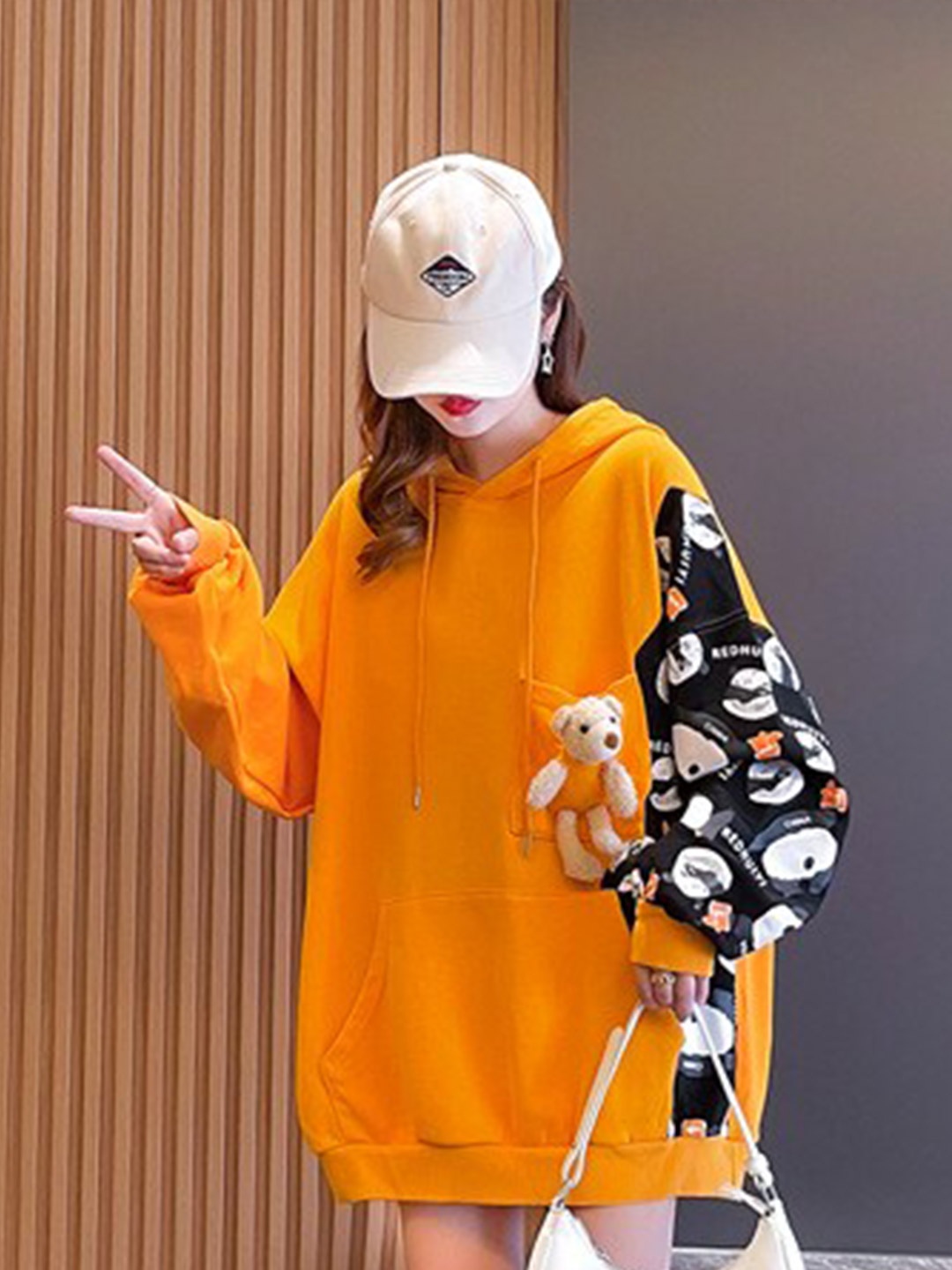 StyleCast Orange Graphic Printed Terry Longline Hooded Sweatshirt