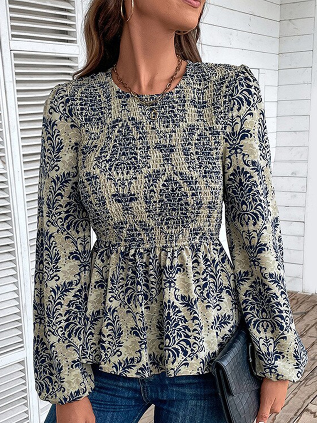 StyleCast Navy Blue Floral Print Cuff Sleeve Smocking Top