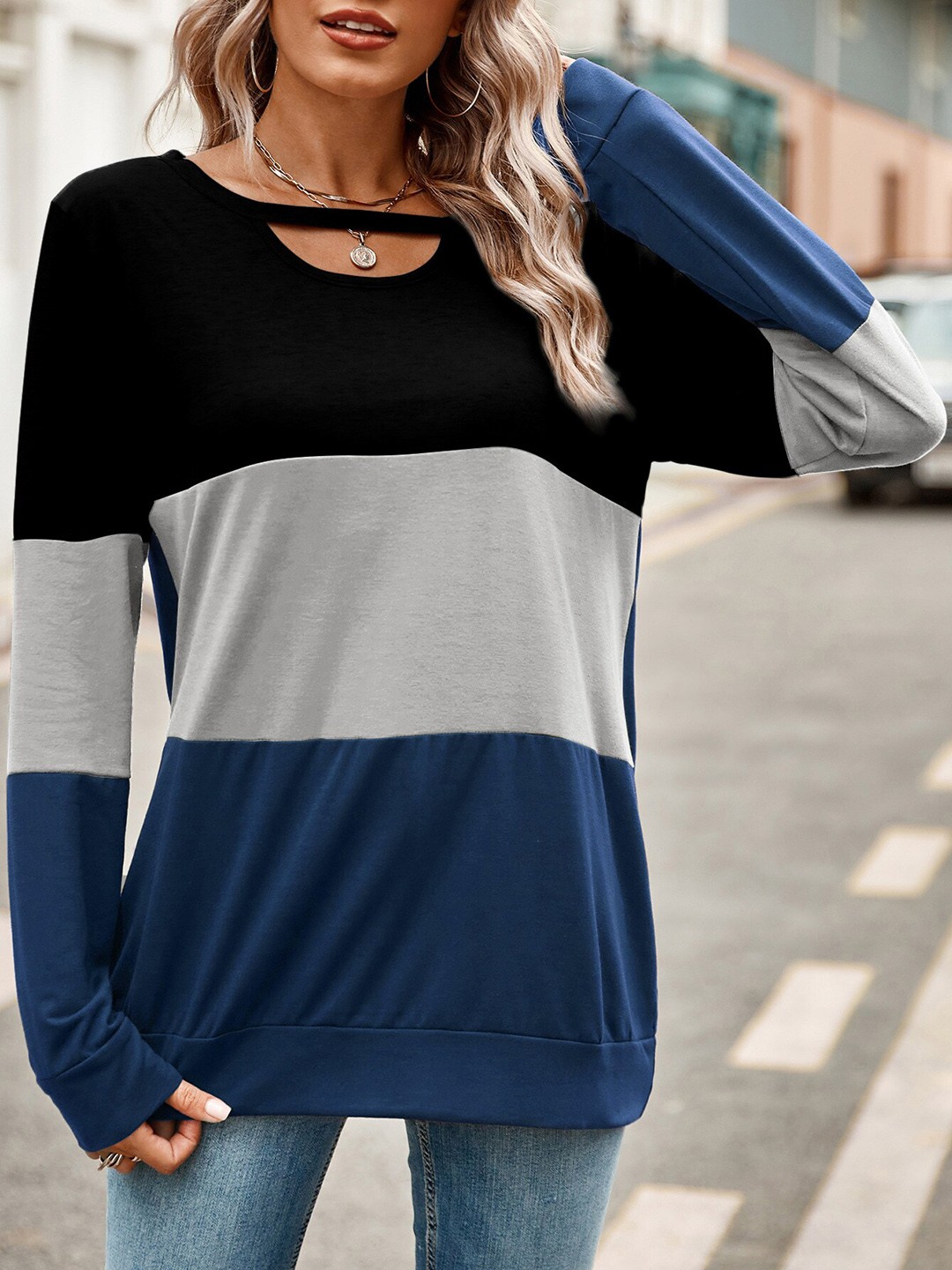 

StyleCast Blue & Grey Colourblocked Keyhole Neck Cotton Top