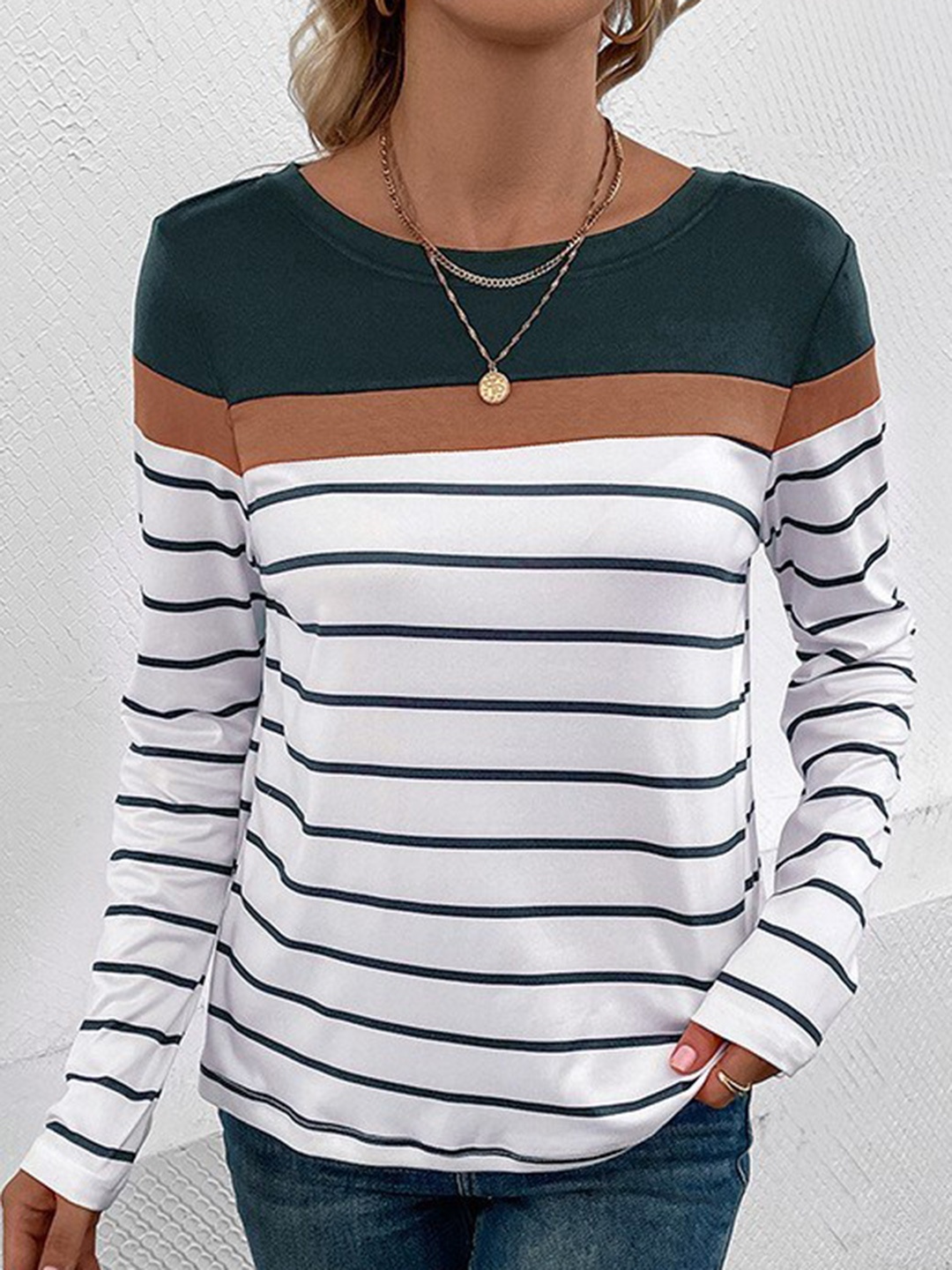 

StyleCast Horizontal Striped Round Neck Top, Green