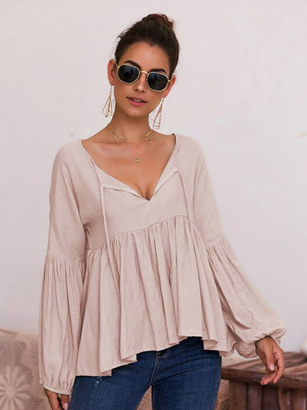 

StyleCast Tie Up Neck Puff Sleeves Peplum Top, Beige