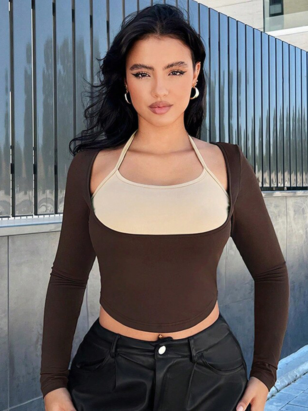 

StyleCast Halter Neck Fitted Crop Top, Brown