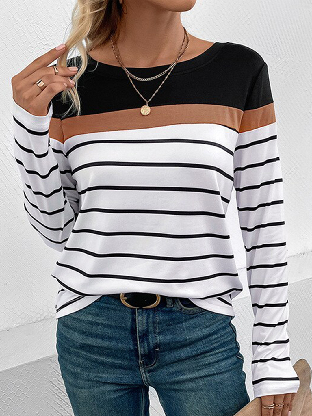 

StyleCast Horizontal Striped Round Neck Top, Black