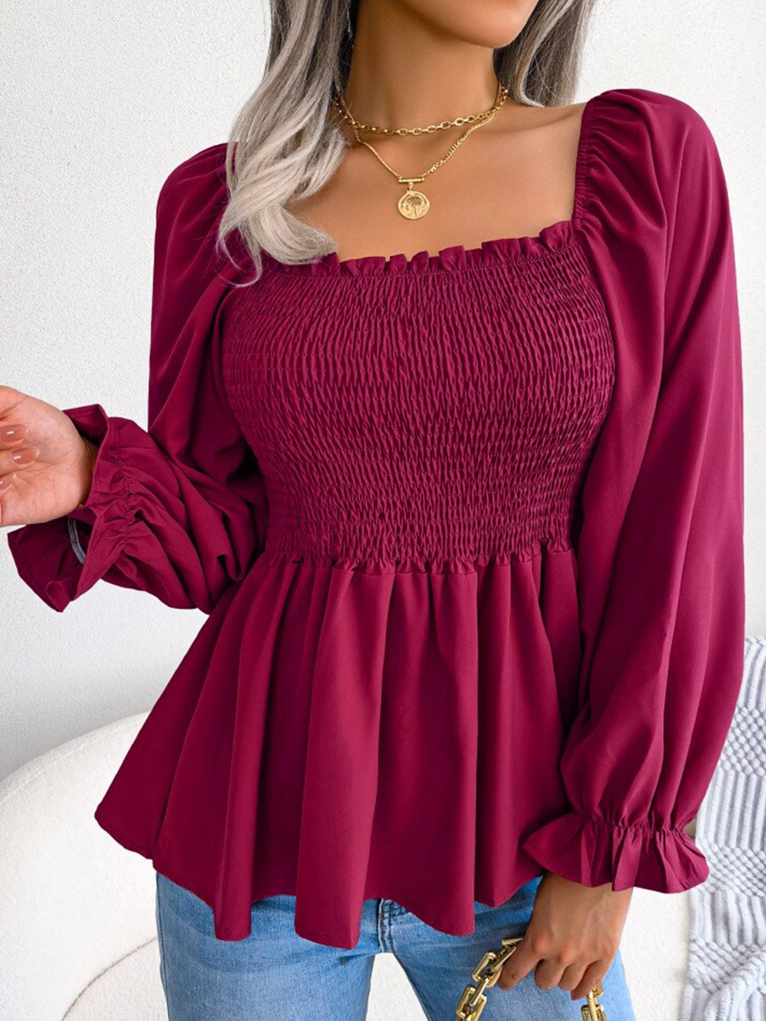 StyleCast Maroon Puff Sleeves Smocked Peplum Top