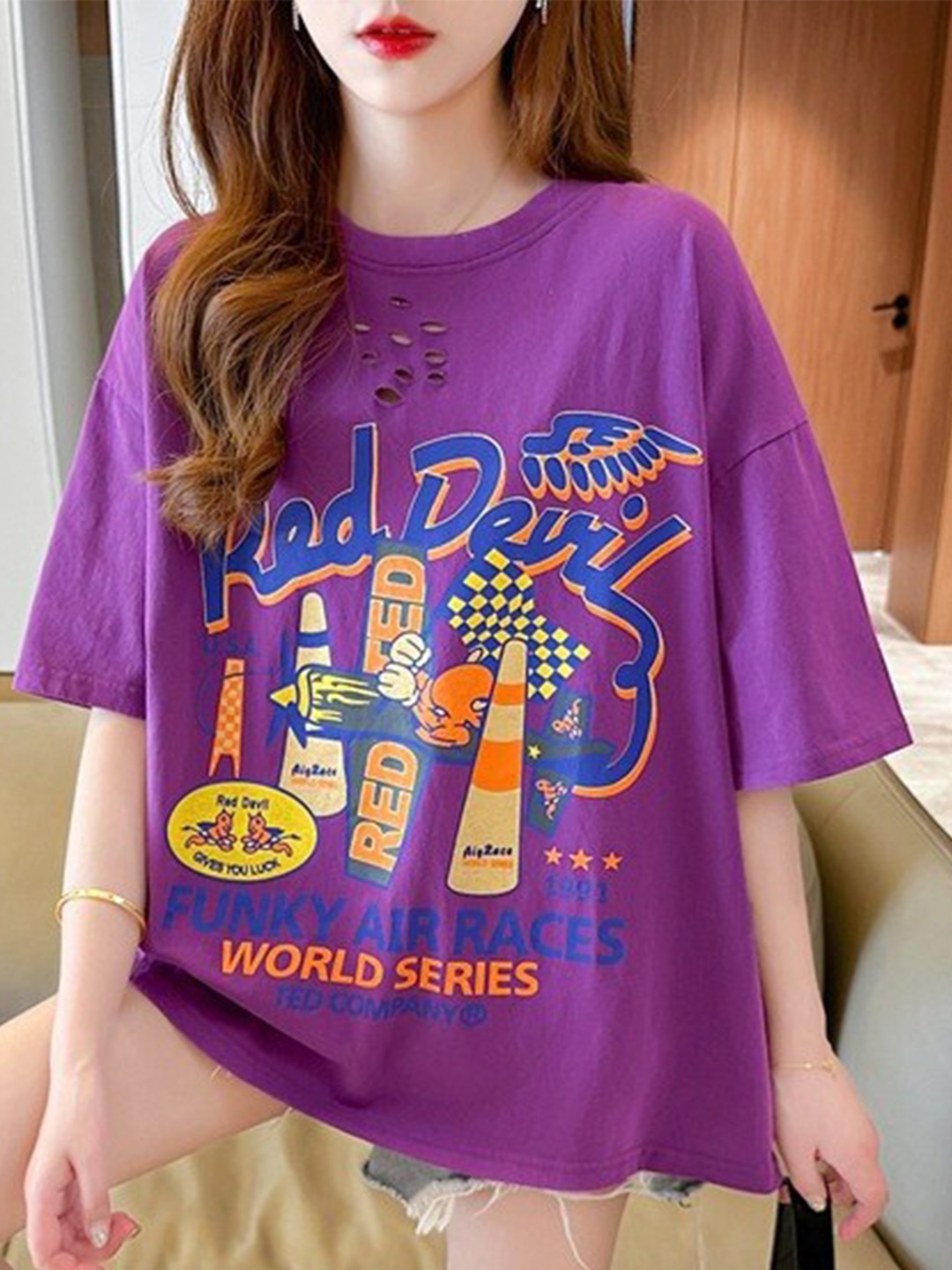 StyleCast Purple Graphic Printed Cotton Oversized T-Shirt