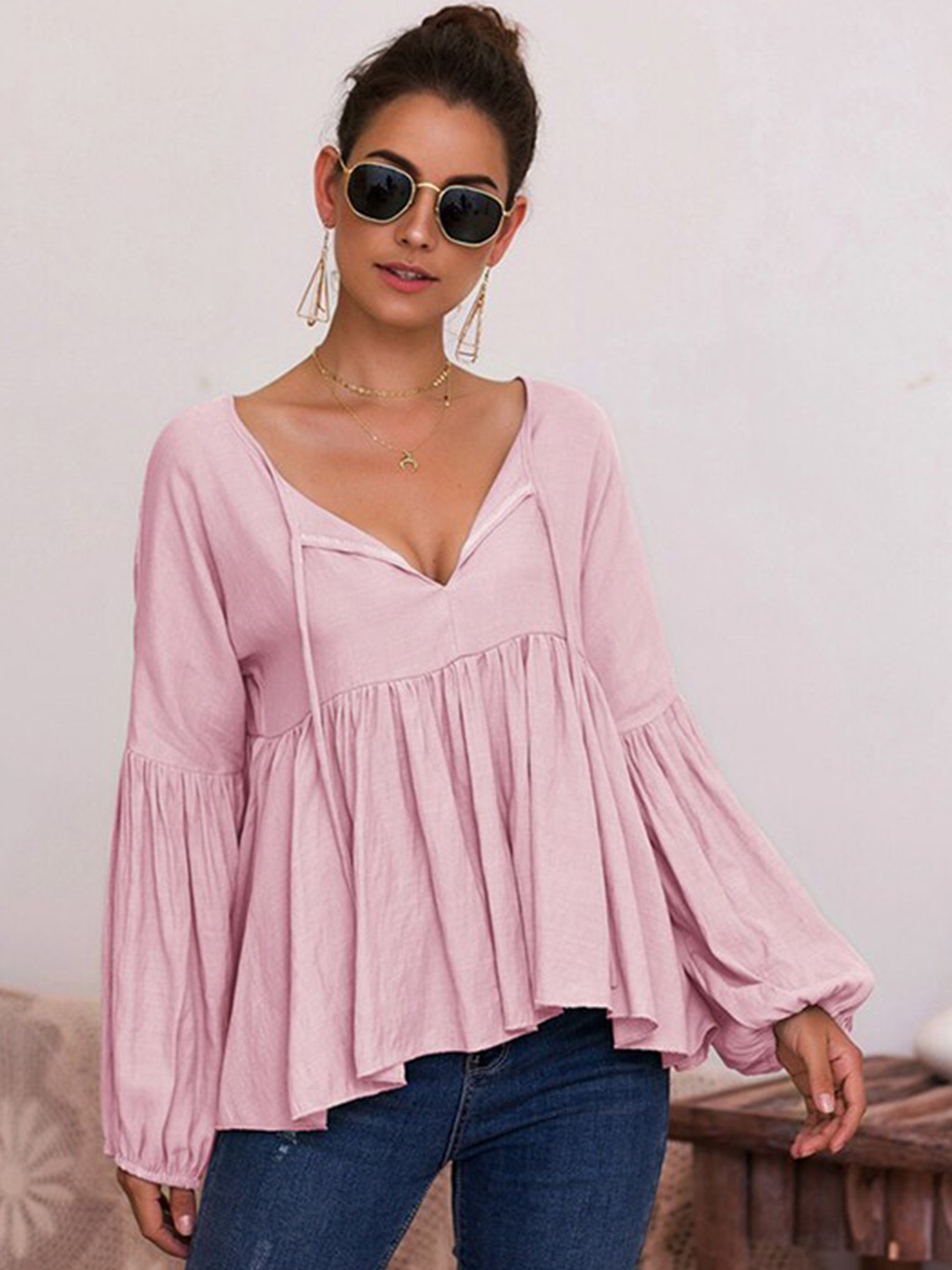 StyleCast Pink Puff Sleeve Peplum Top