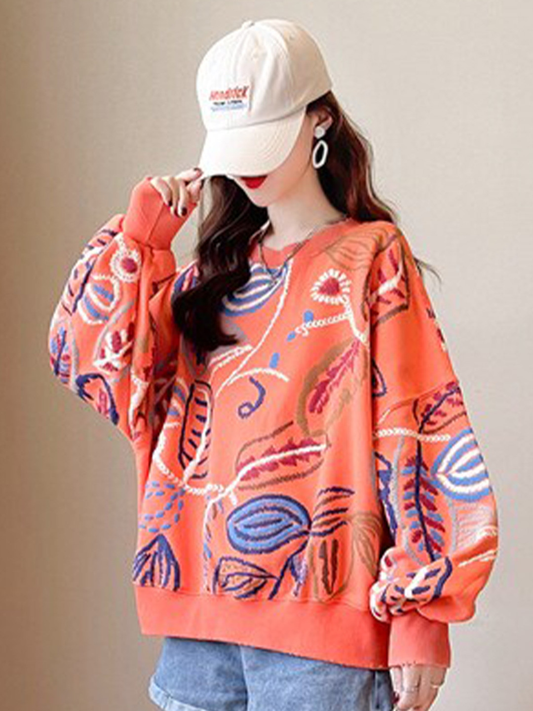 

StyleCast Orange Floral Printed Round Neck Long Sleeves Pullover Sweatshirt