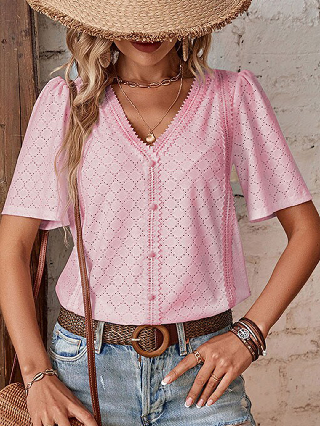 

StyleCast Pink Self Design V-Neck Short Sleeves Shirt Style Top