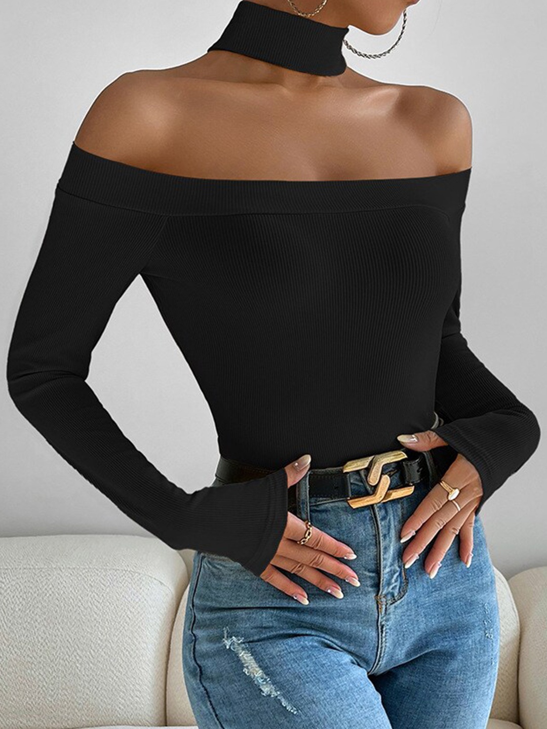 

StyleCast Black Halter Neck Long Sleeves Bardot Top