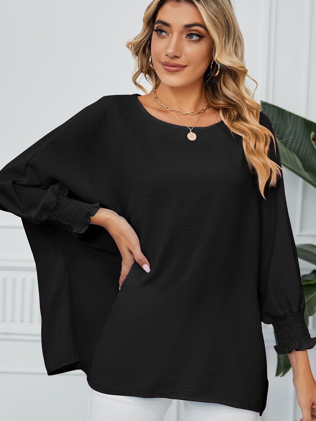 

StyleCast Black Round Neck Cuffed Sleeves Regular Top