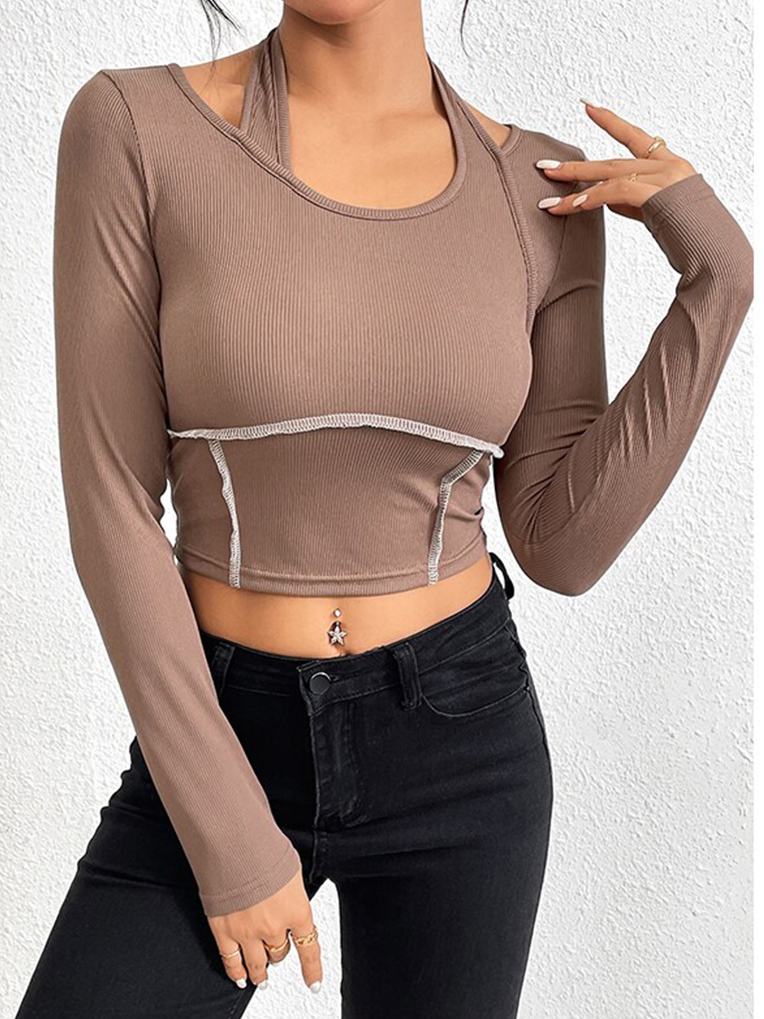 

StyleCast Khaki-Coloured Cut-Out Detailed Linen Fitted Crop Top