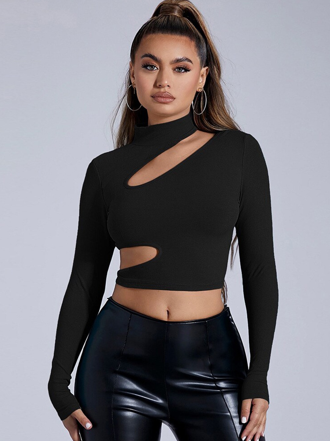 StyleCast Black Cut-Out Detail Fitted Crop Top