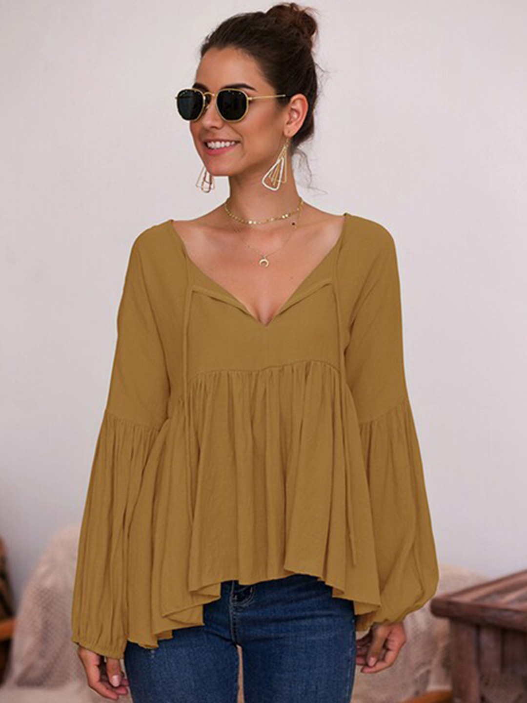 

StyleCast Khaki Puff Sleeve Gathered Tie-Up Neck A-Line Top