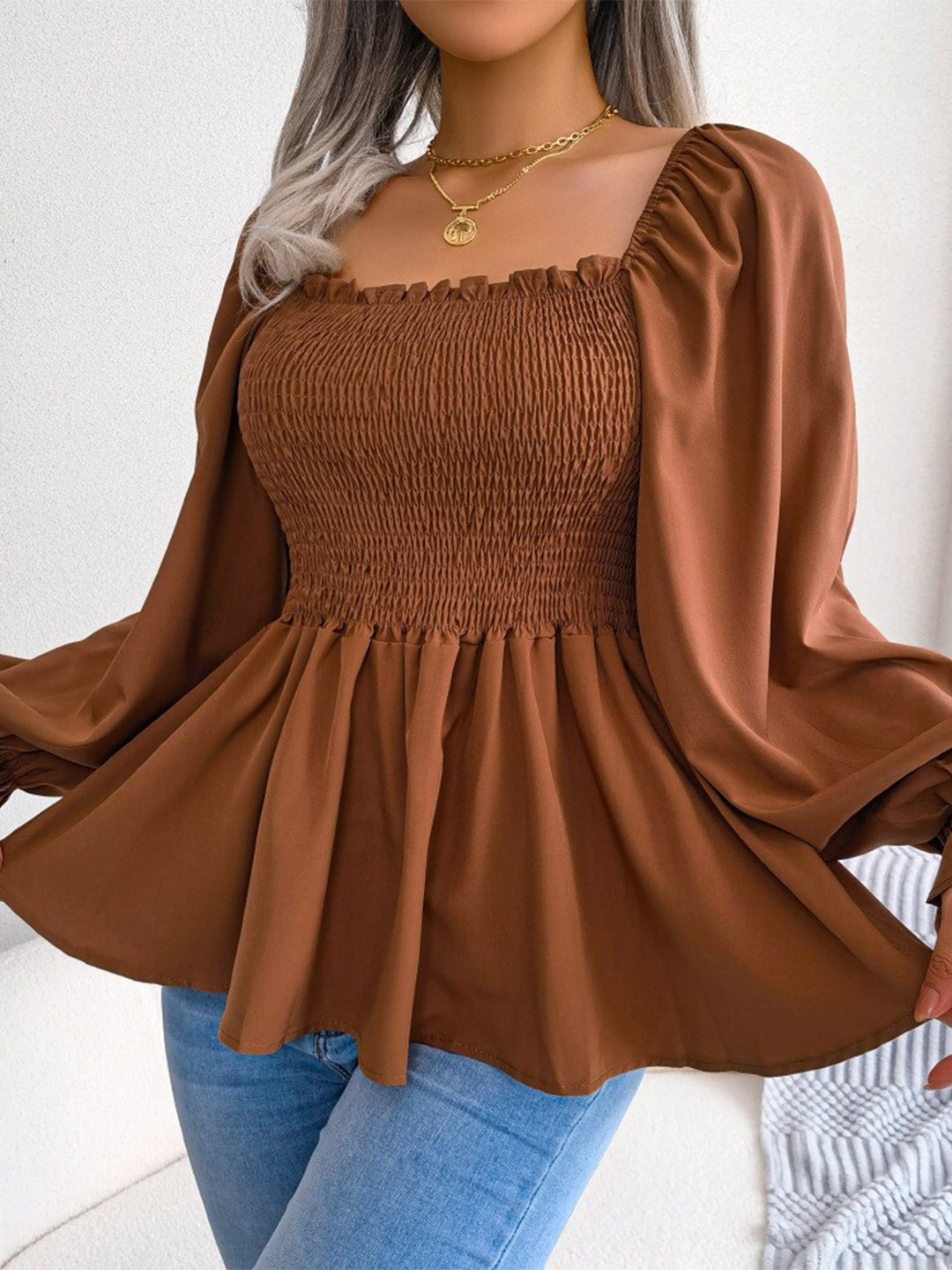 StyleCast Brown Square Neck Puff Sleeve Smocked Linen Top