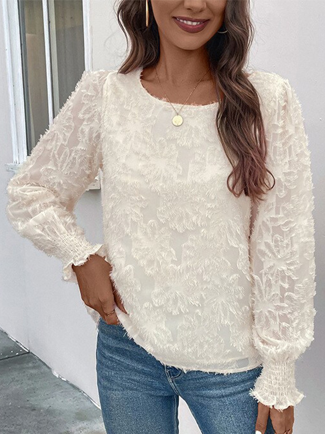 

StyleCast White Self Design Smocked Puff Sleeves Lace Top