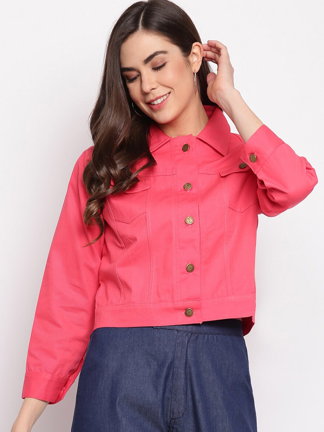 

DressBerry Pink Spread Collar Cotton Denim Jacket