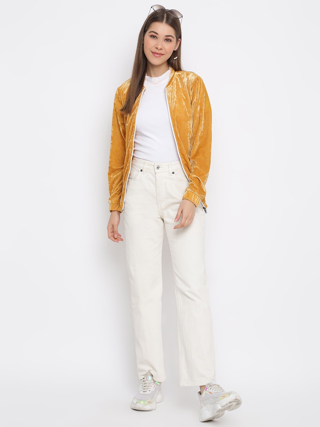 

DressBerry Yellow Mock Collar Bomber Jacket