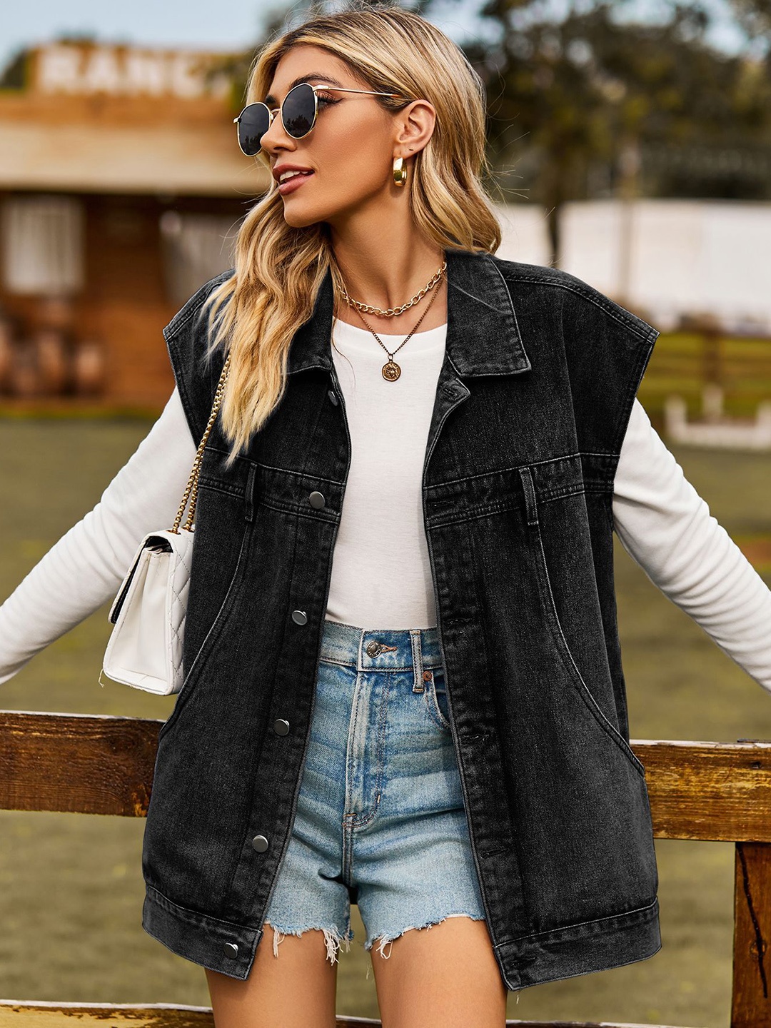 

StyleCast Charcoal Spread Collar Denim Jacket, Grey