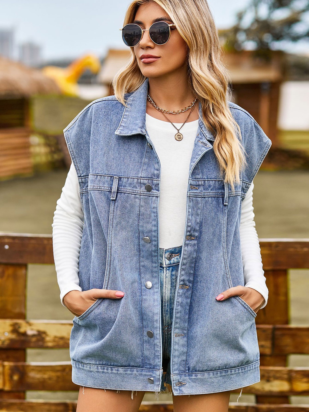 StyleCast Blue Spread Collar Denim Jacket