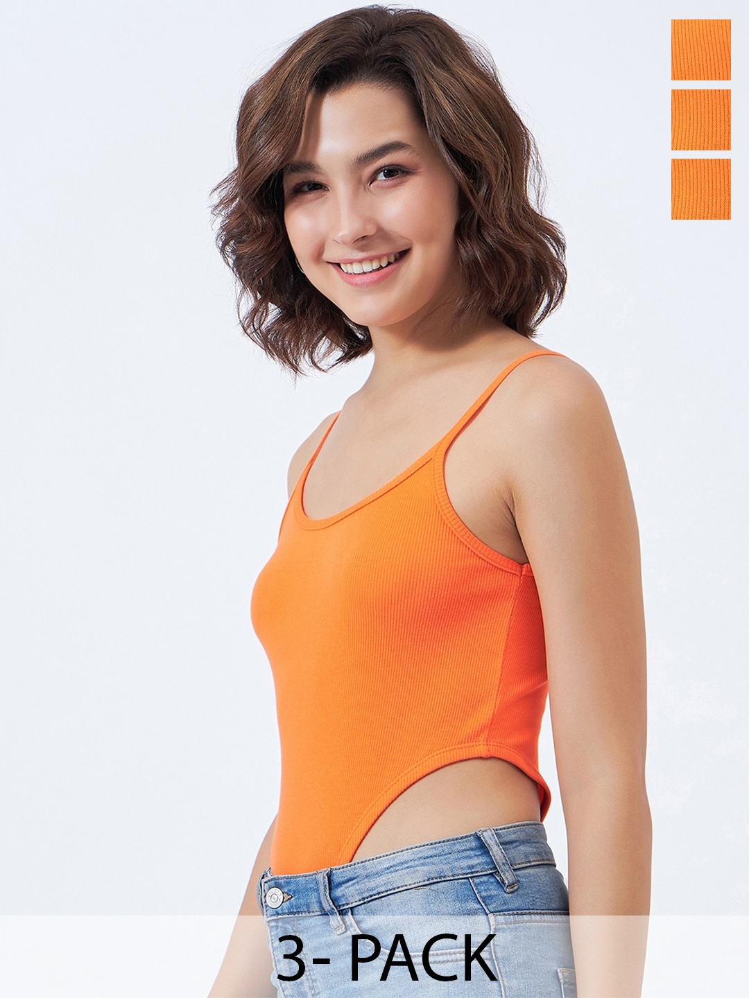 

COLOR CAPITAL Pack Of 3 Shoulder Straps High-Cut Cotton Bodysuit, Orange