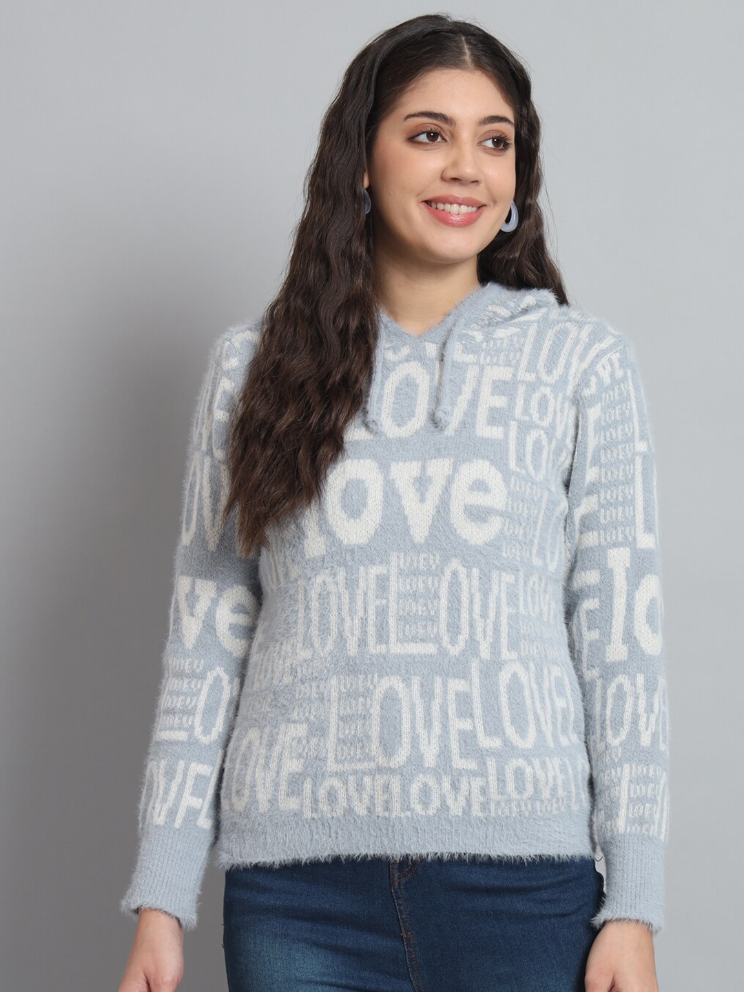 

Chemistry Typography Printed Hooded Woolen Pullover Sweater, Blue