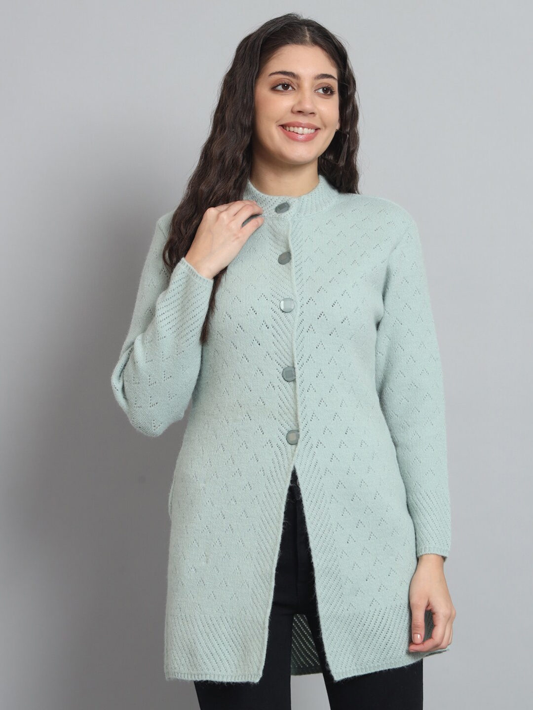 

Chemistry Cable Knit Self Design Woollen Longline Cardigan, Green