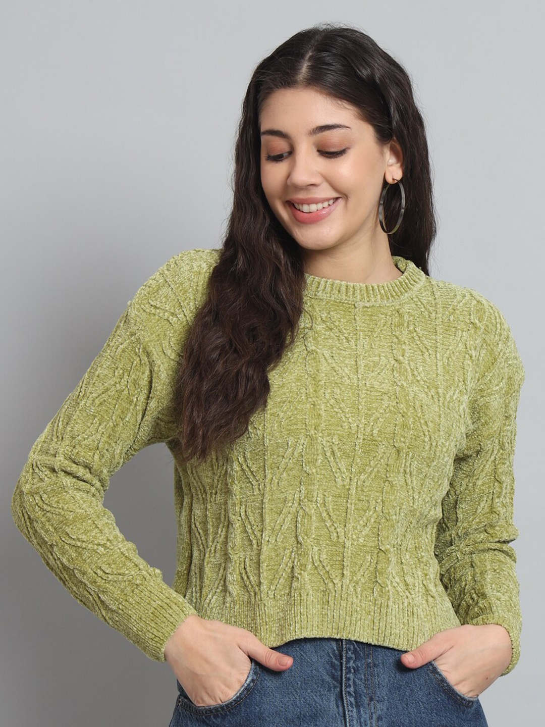 

Chemistry Cable Knit Self Design Woollen Pullover Sweater, Green