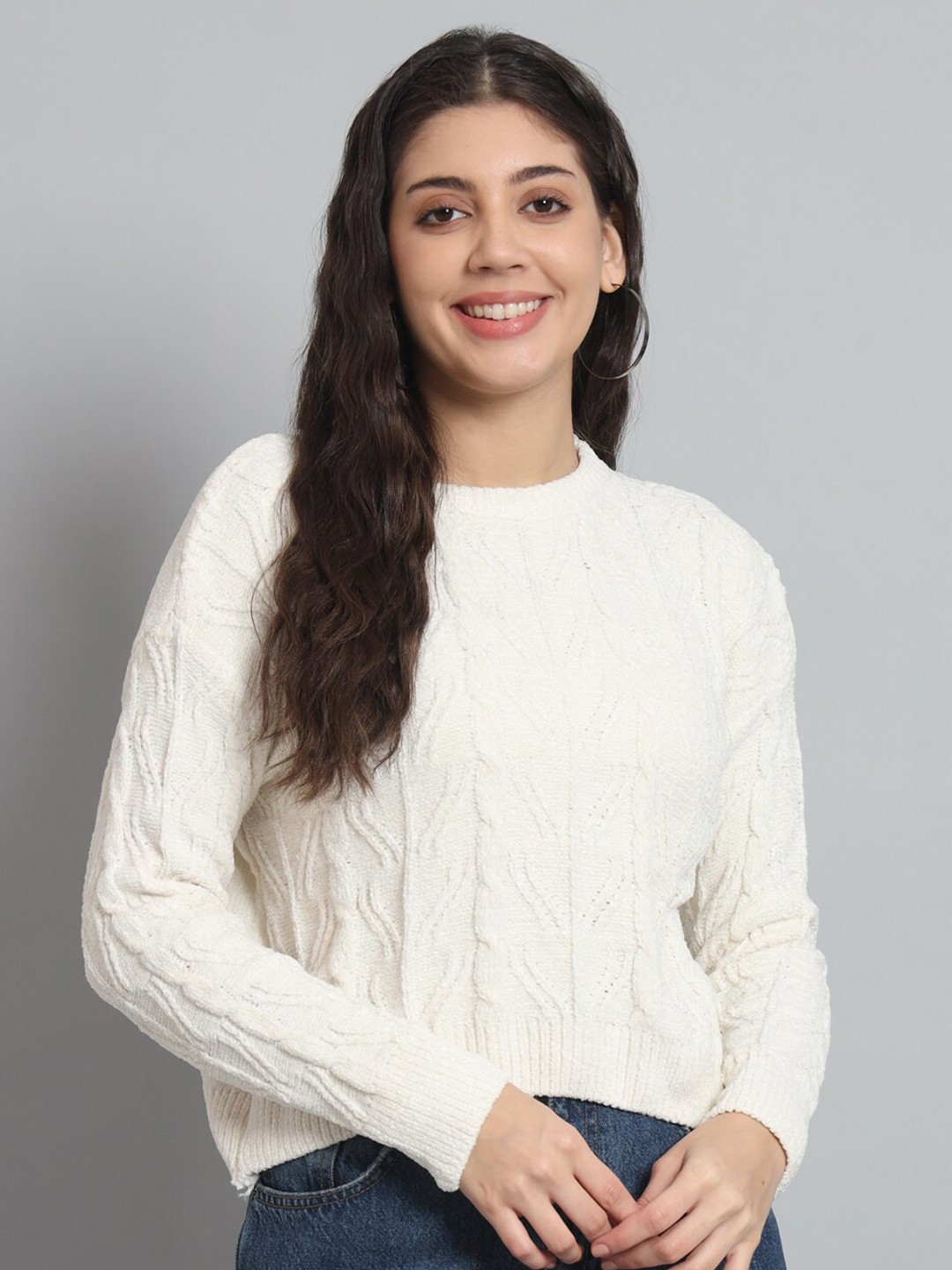 

Chemistry Cable Knit Self Design Woollen Sweater, White