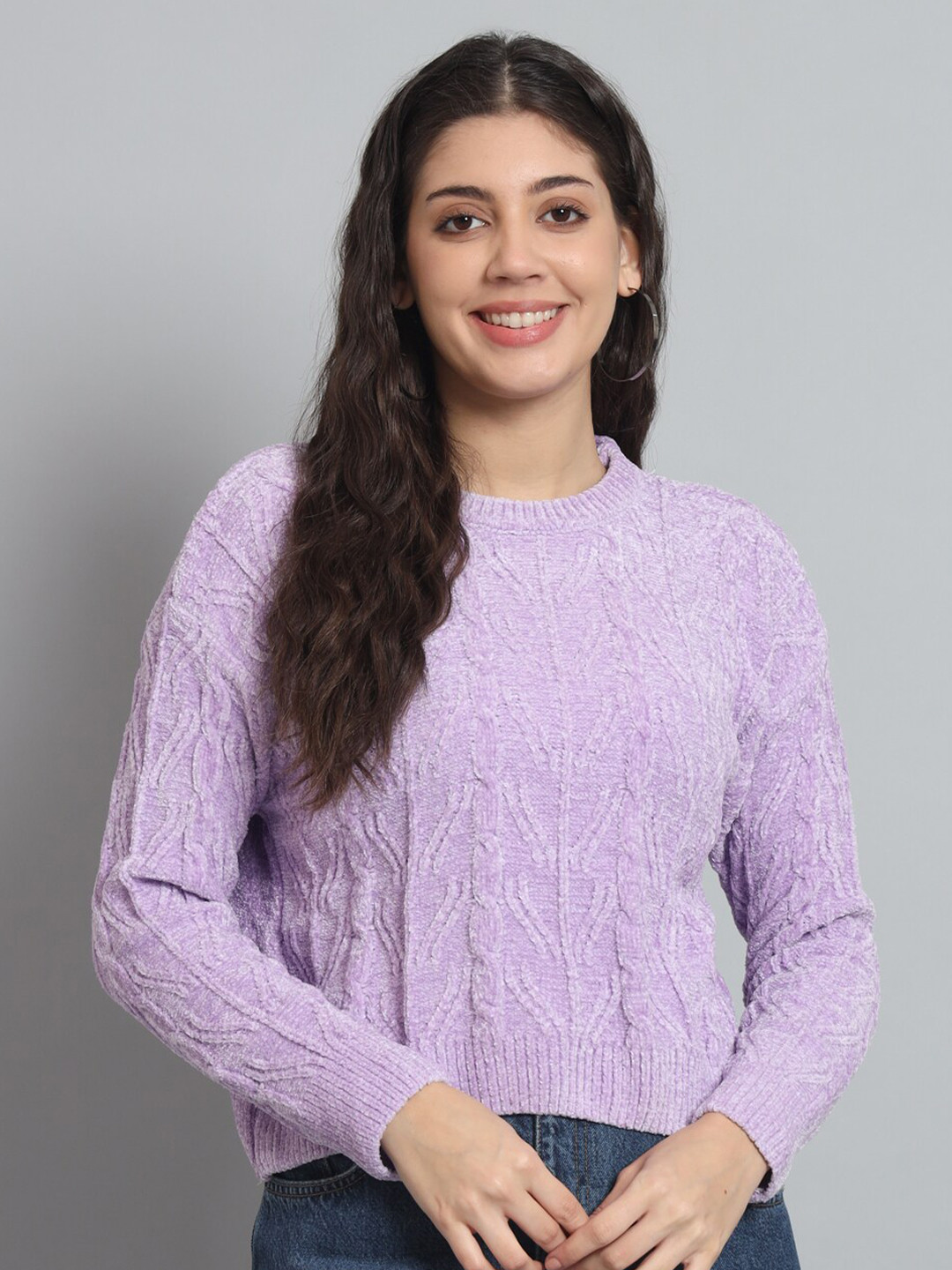 

Chemistry Cable Knit Self Design Woollen Sweater, Lavender