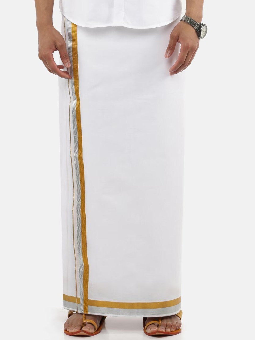 

Ramraj Men Pure Cotton Dhoti With Zari Border, White