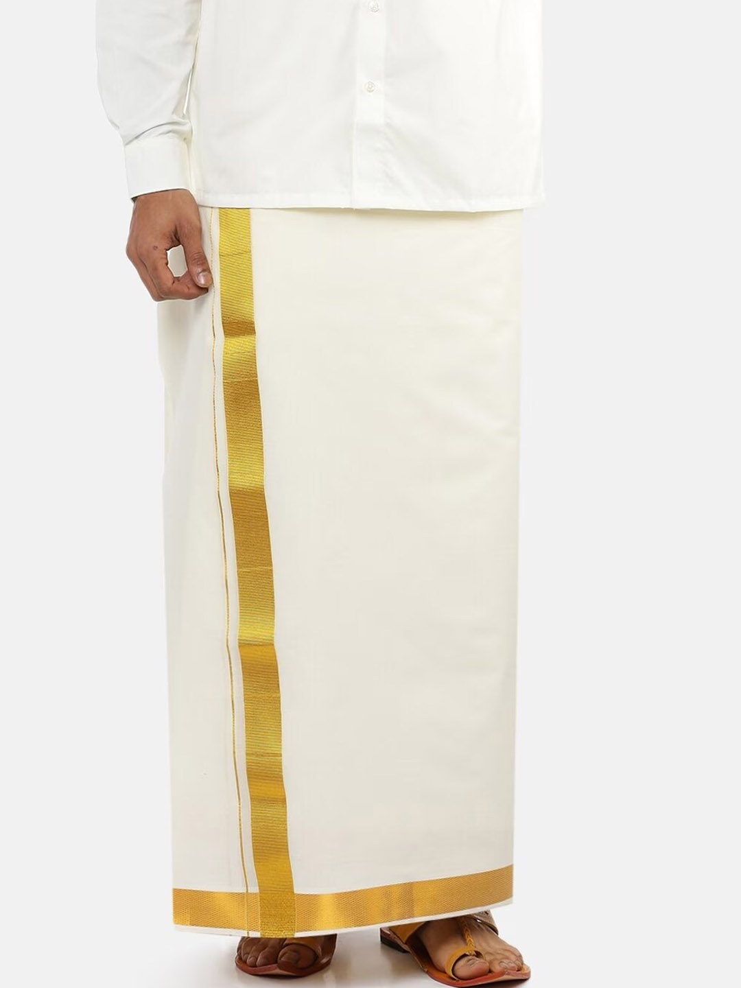 

Ramraj Pure Cotton Dhoti With gold jari border, Cream