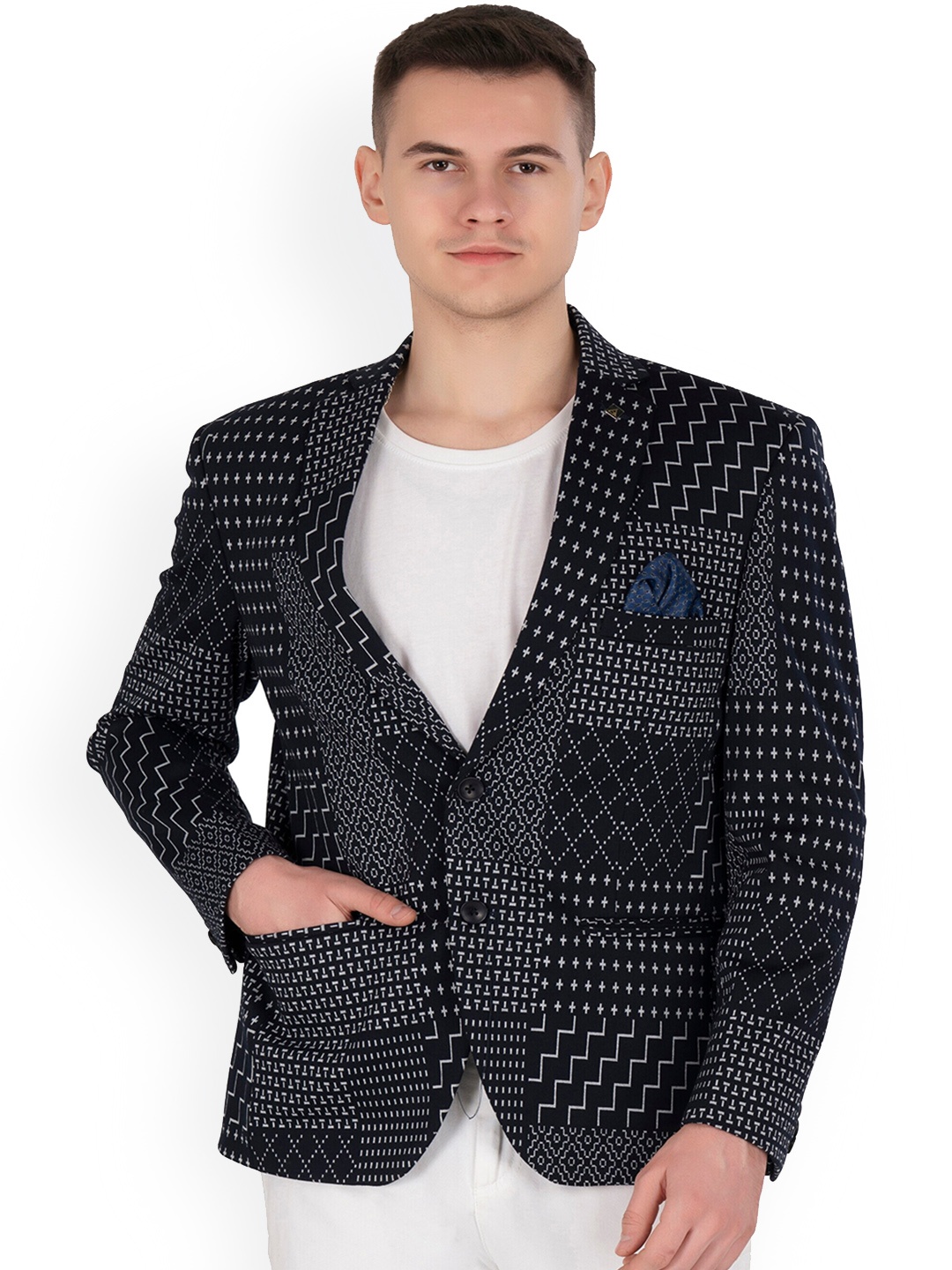 

Denis Parkar Printed Slim-Fit Single Breasted Blazer, Navy blue