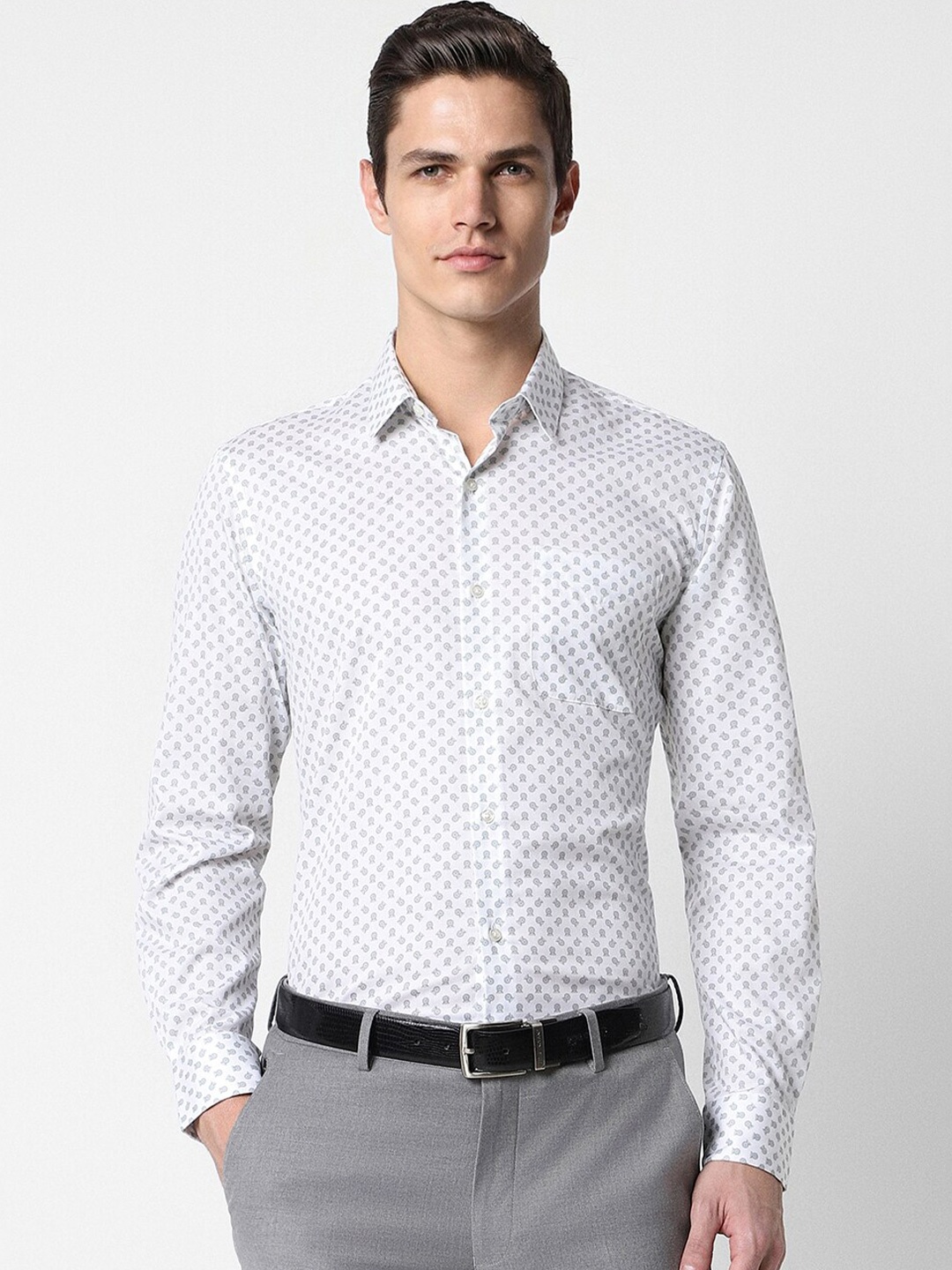 Peter England Slim Fit Micro Ditsy Printed Pure Cotton Formal Shirt, White