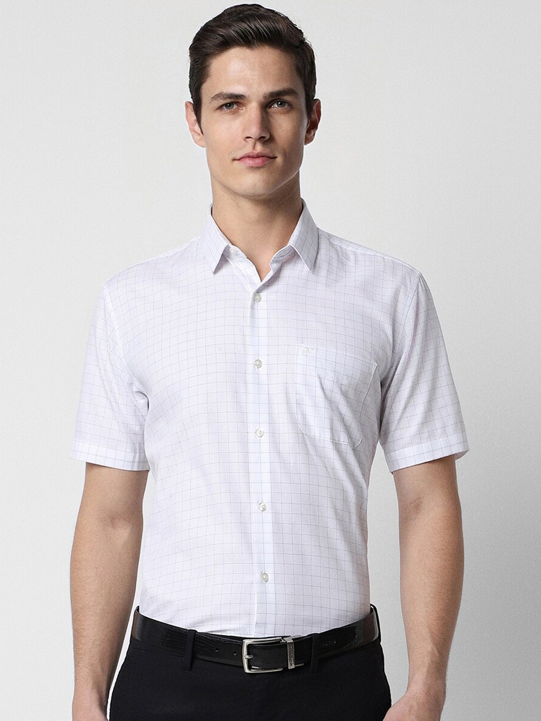 

Peter England Grid Tattersall Checked Spread Collar Formal Shirt, White