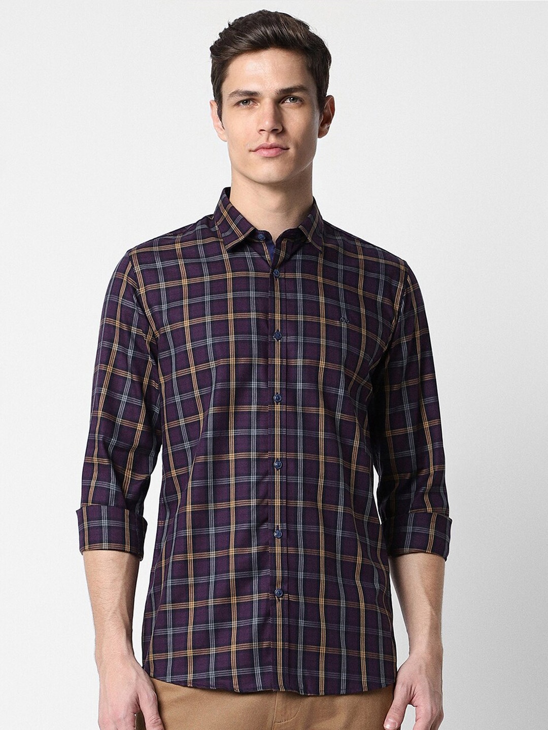 

Peter England Casuals Slim Fit Checked Pure Cotton Casual Shirt, Purple