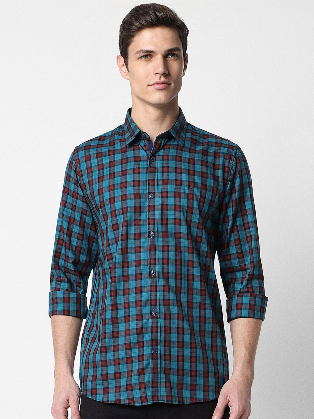 

Peter England Casuals Slim Fit Checked Pure Cotton Casual Shirt, Blue