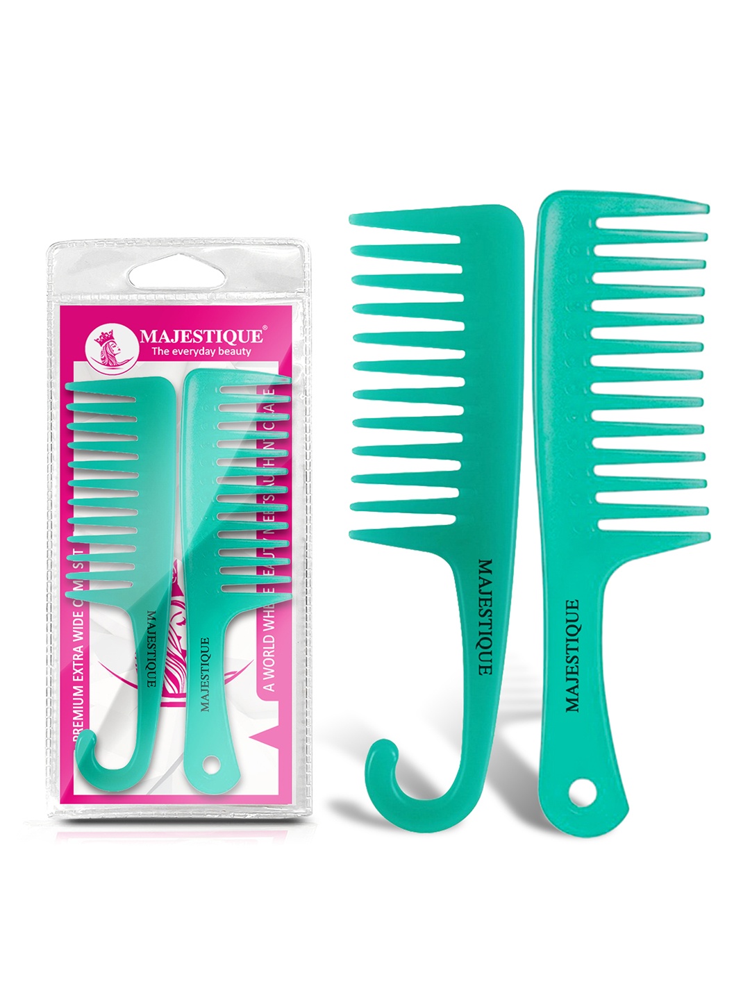 

MAJESTIQUE 2-Pcs Extra Wide Comb Set - Anti-static Heat Resistant Shampoo Comb, Green