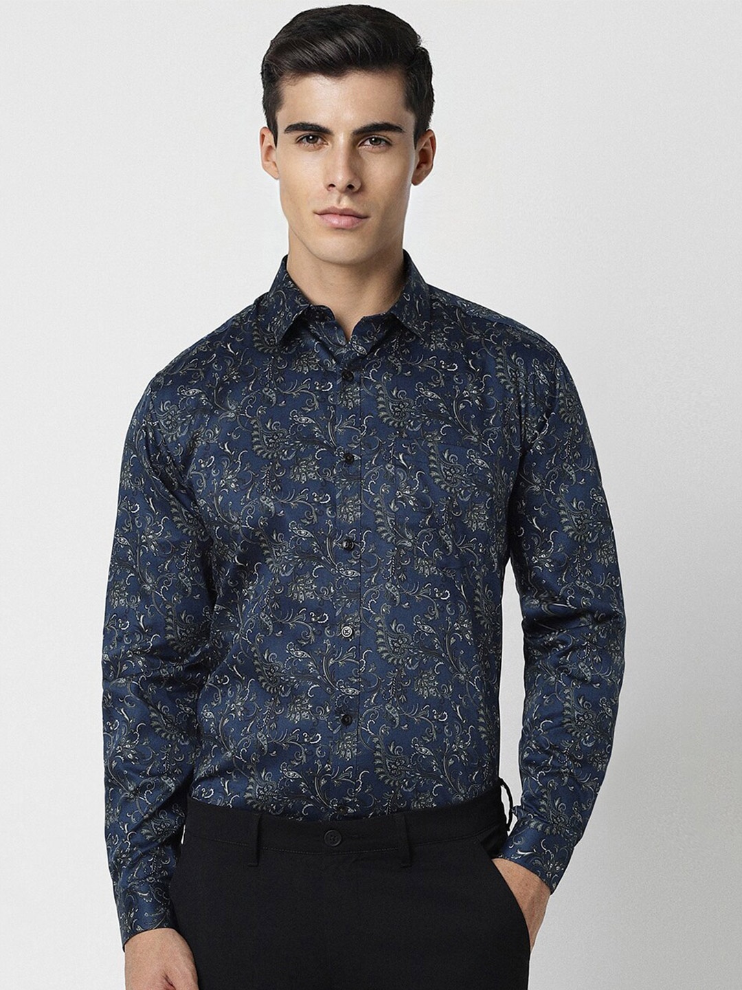 

V Dot Slim Fit Floral Printed Formal Shirt, Navy blue