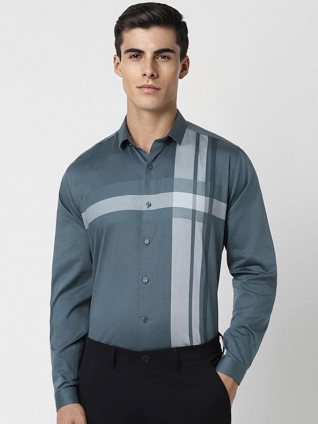 

V Dot Slim Fit Geometric Printed Long Sleeves Pure Cotton Formal Shirt, Blue