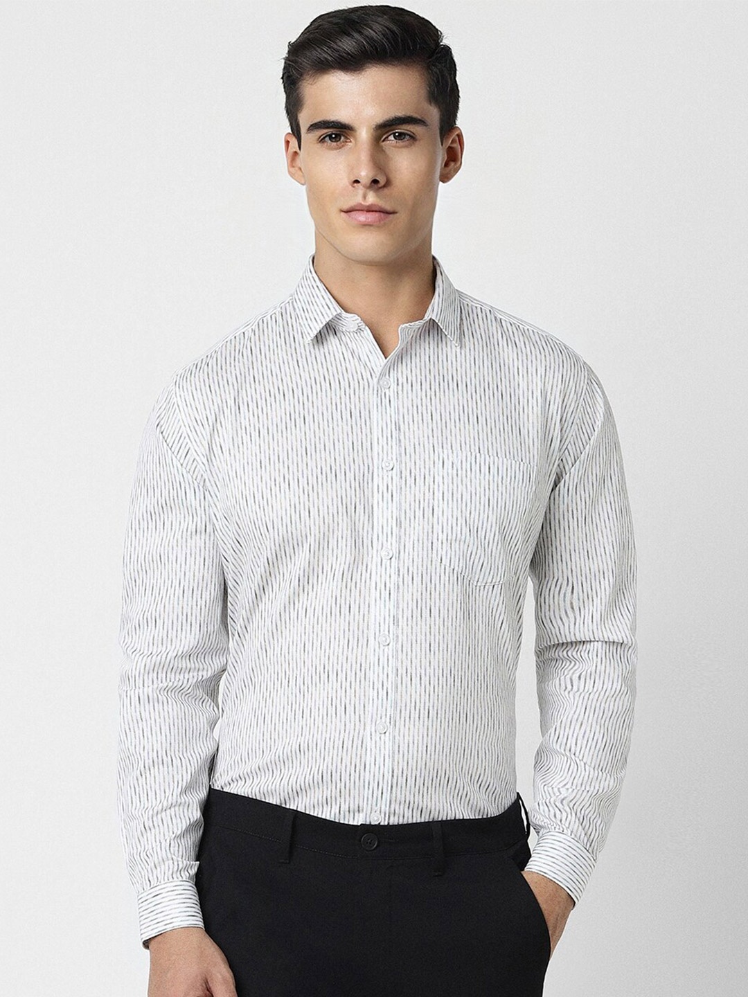 

V Dot Slim Fit Striped Pure Cotton Formal Shirt, White