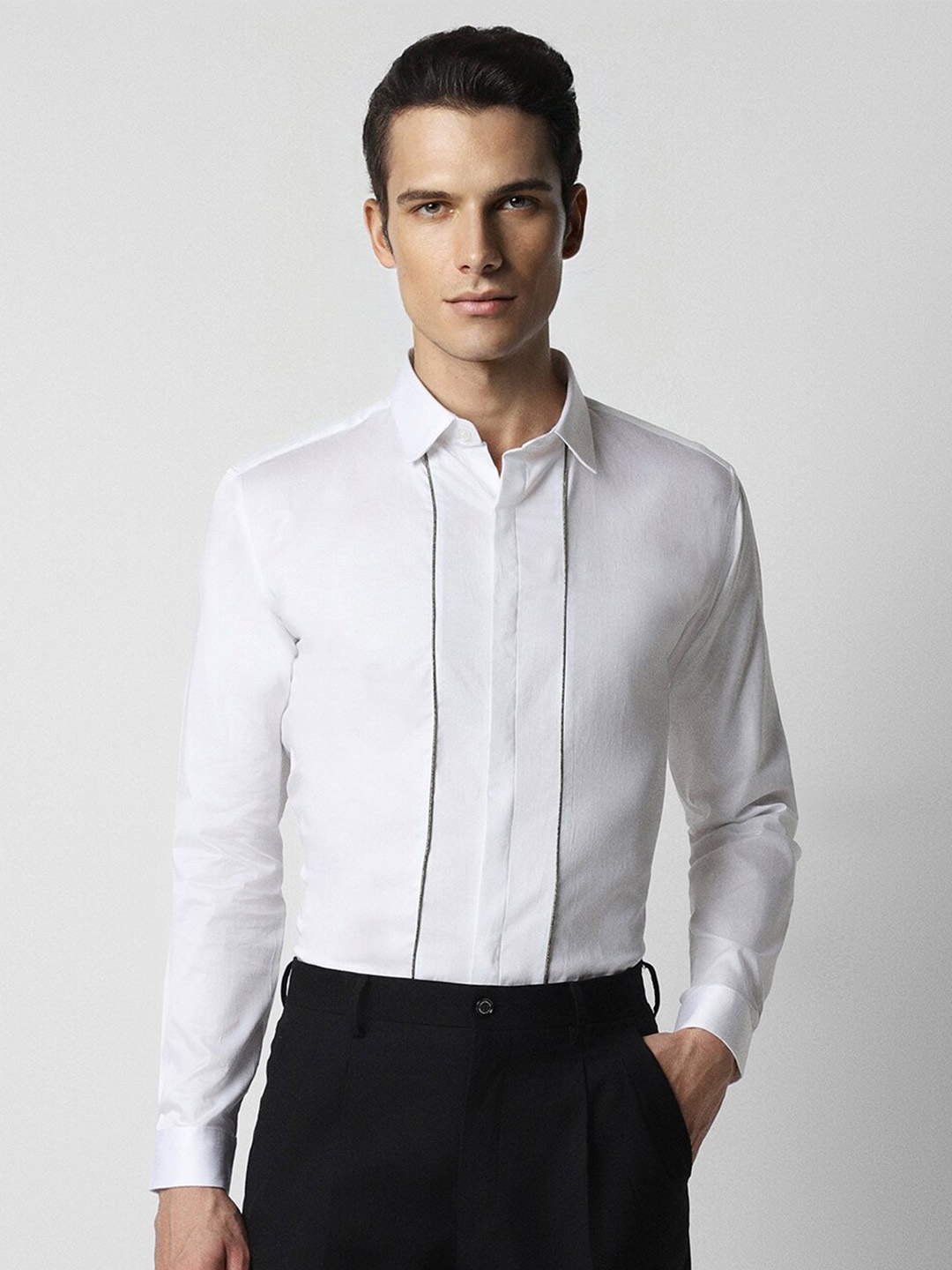 

V Dot Slim Fit Striped Pure Cotton Formal Shirt, White