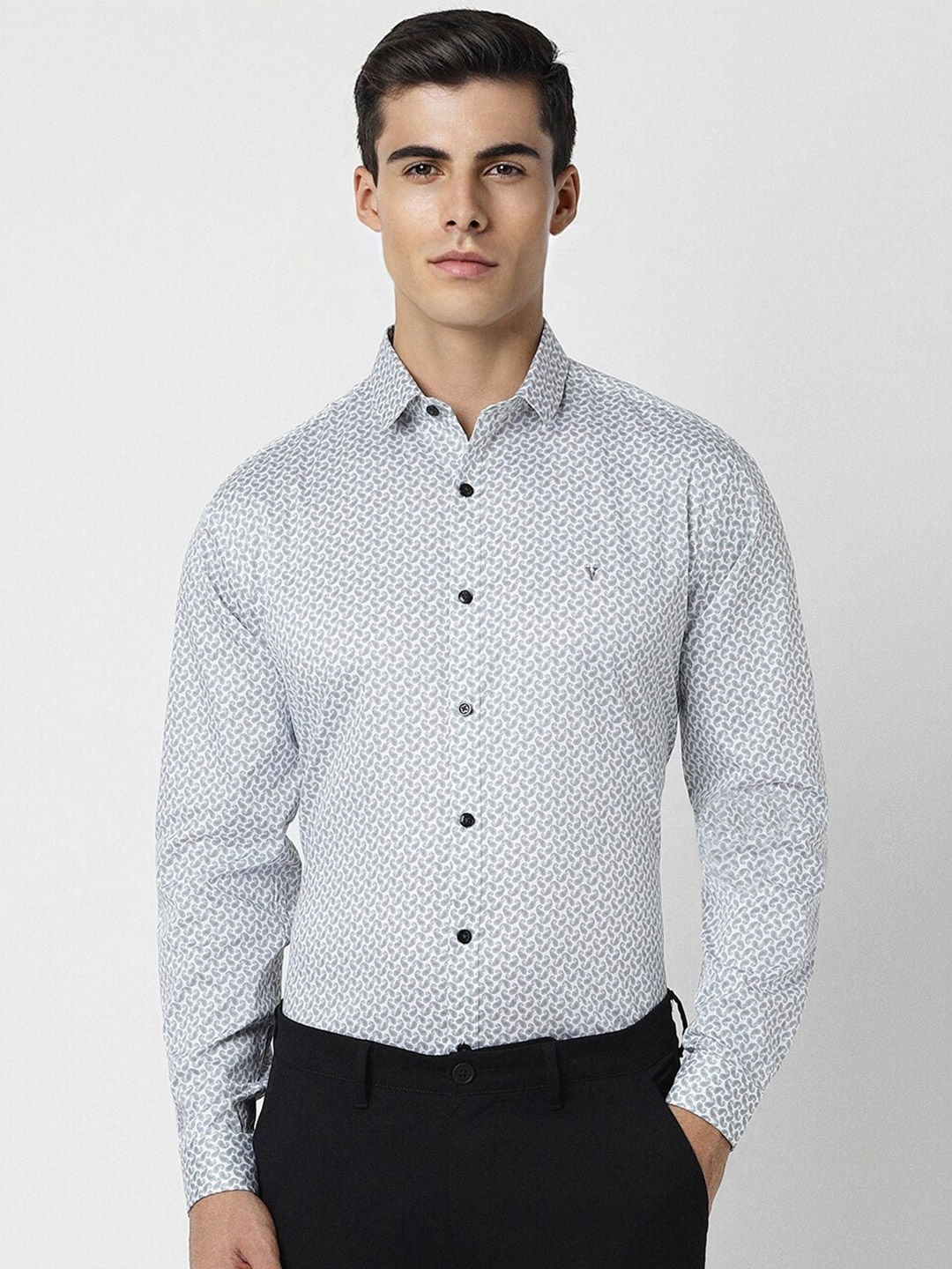 

V Dot Slim Fit Ethnic Motifs Printed Long Sleeves Party Shirt, White