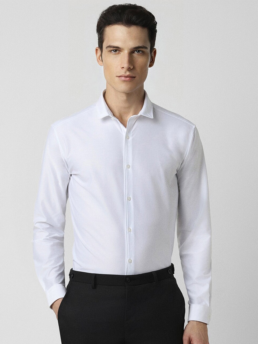 

V Dot Slim Fit Spread Collar Long Sleeves Pure Cotton Party Shirt, White
