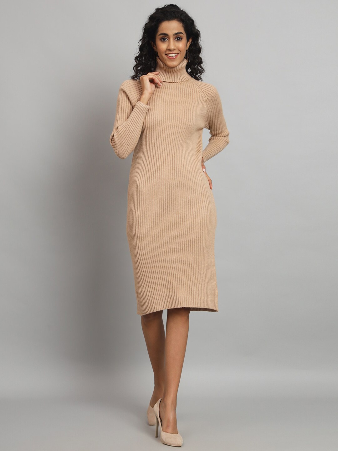 

Chemistry Ribbed Turtle Neck Woollen Sheath Sweater Dress, Camel brown