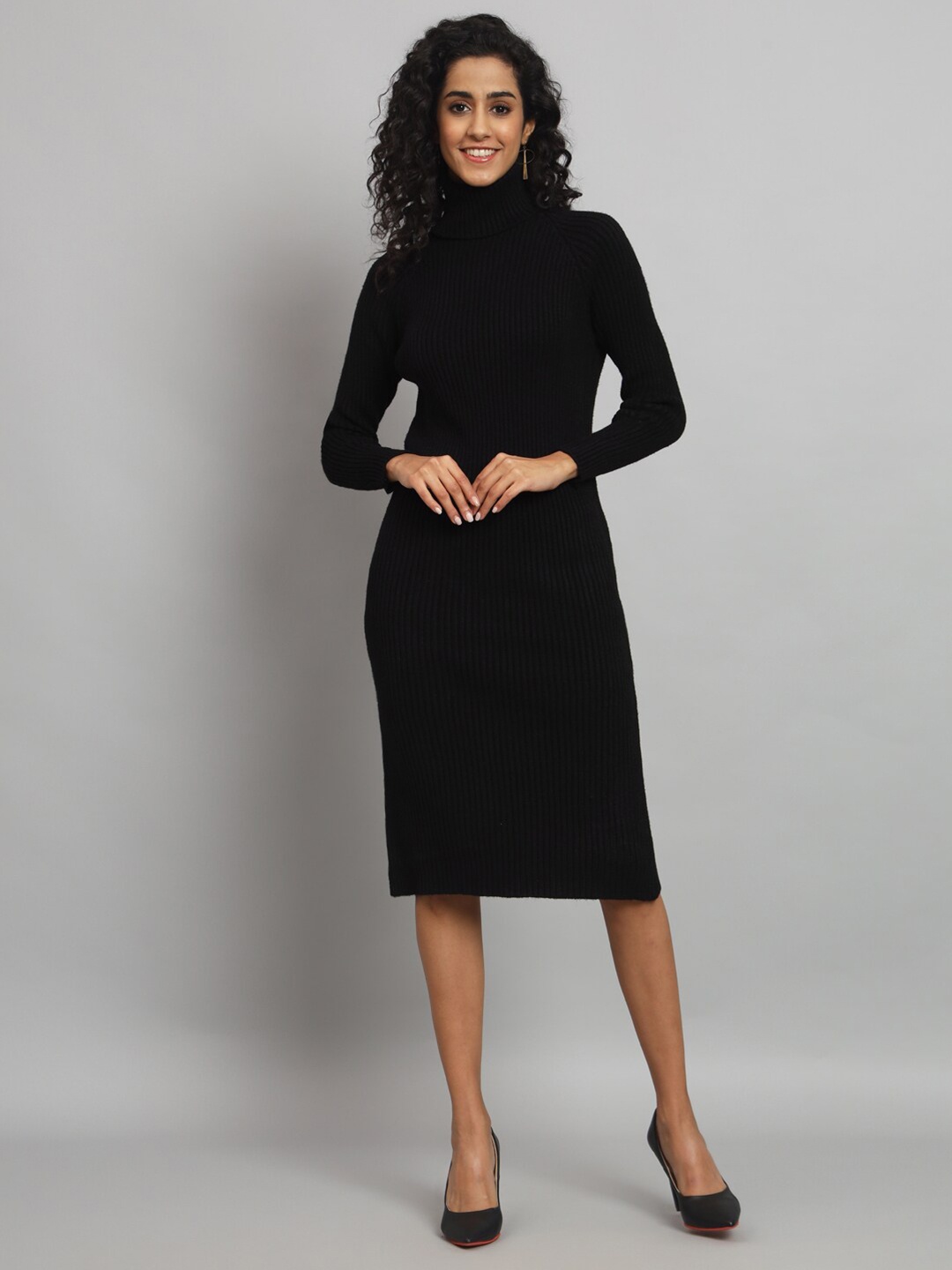 

Chemistry Ribbed Turtle Neck Woollen Sheath Sweater Dress, Black