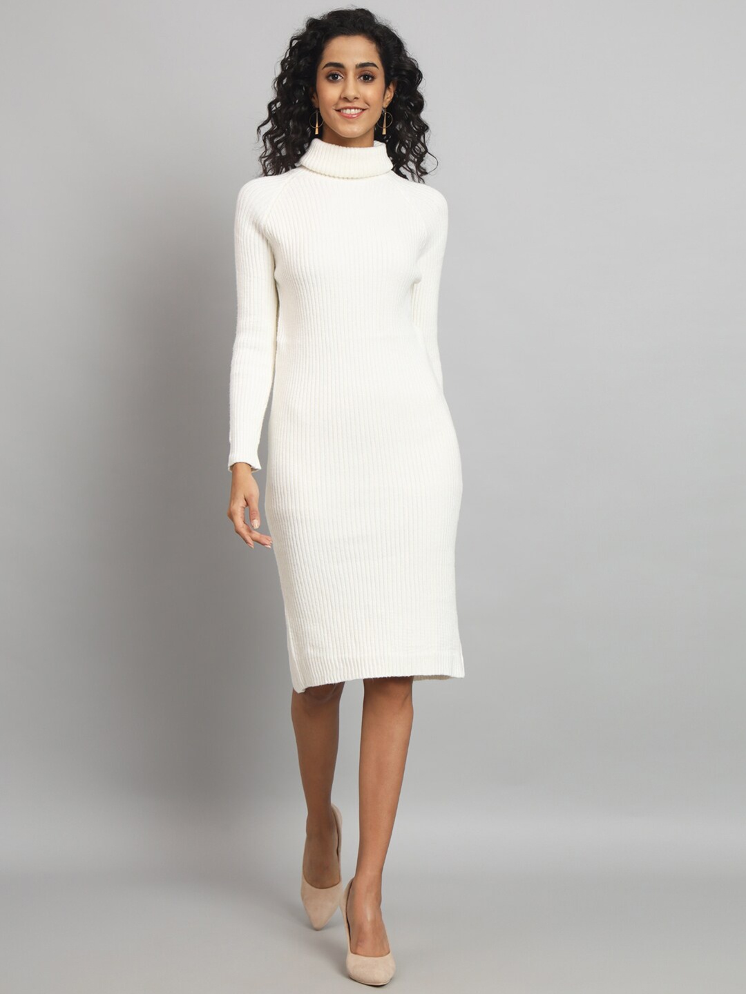 

Chemistry Ribbed Turtle Neck Woollen Sheath Sweater Dress, White
