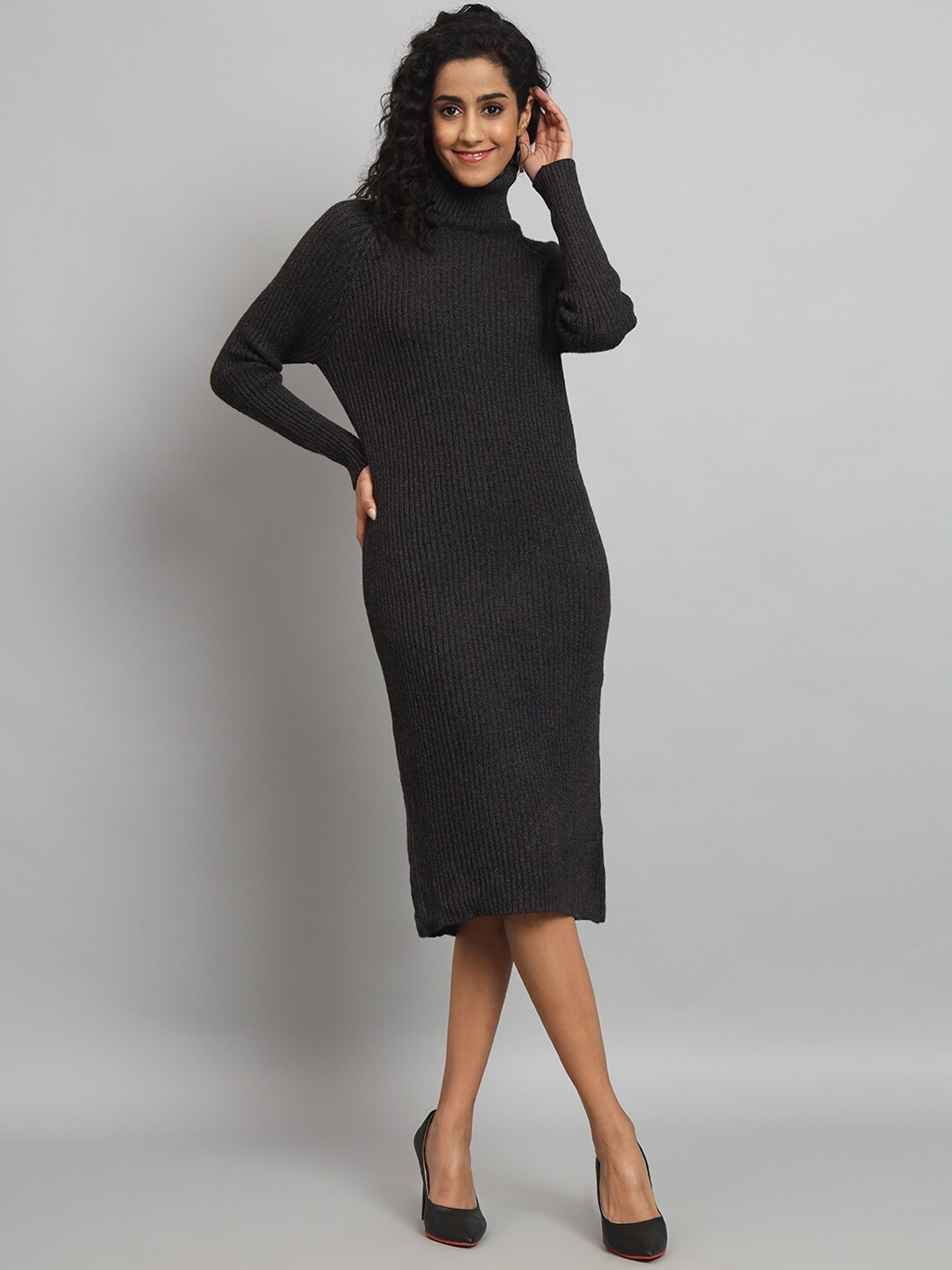 

Chemistry Ribbed Turtle Neck Woollen Sheath Sweater Dress, Charcoal