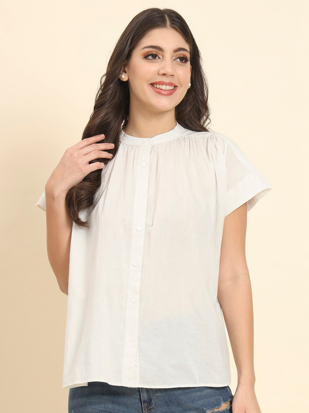 

HERE&NOW White Band Collar Cotton Extended Sleeves Gathers Shirt Style Top