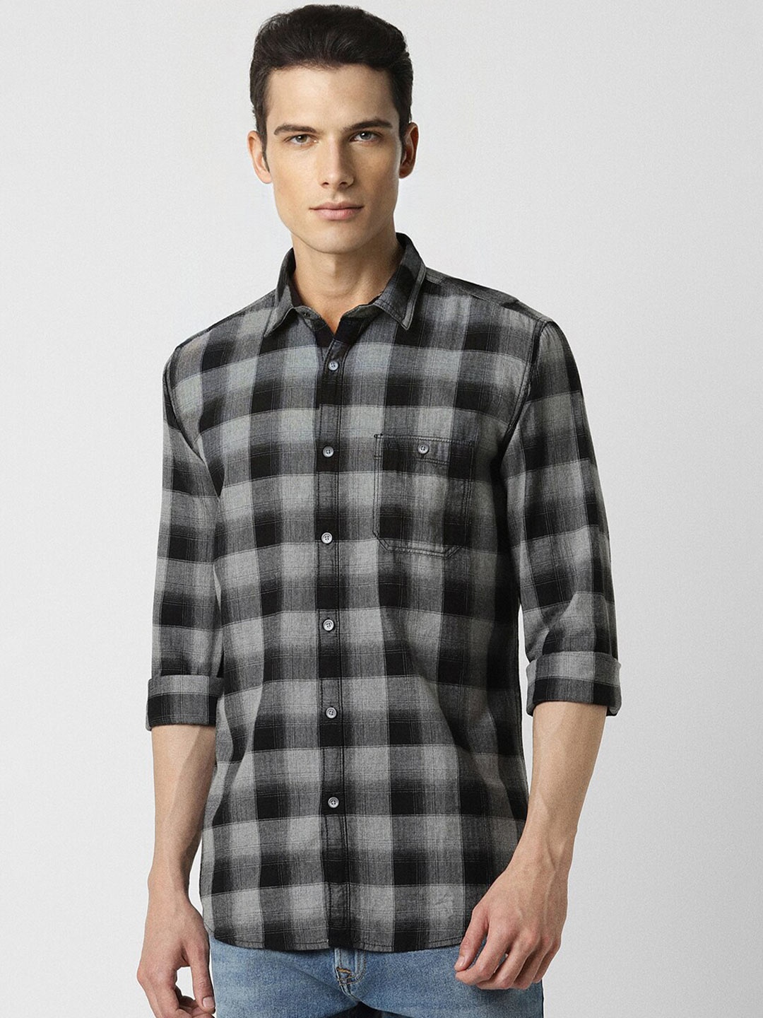 

VAN HEUSEN DENIM LABS Slim Fit Checked Pure Cotton Casual Shirt, Grey